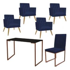 Imagem de Kit Escritório Stan 4 Poltronas Maria com Cadeira e Mesa Industrial Preto Bronze Suede Azul Marinho - Ahz Móveis