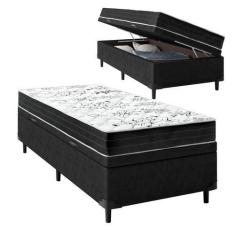 Imagem de Cama Box Baú Solteiro Sintético Preto com Colchão de Espuma Semi Ortopédica Extra Firme Resistente Preto 88x188x52cm Suporta 80kg