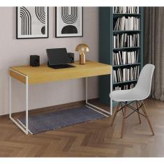 Imagem de Mesa De Escritório Industrial Canela 137X53Cm Base Ferro Branco Com 1 Cadeira Branca