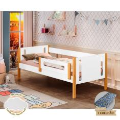 Imagem de Cama de Criança Infantil com Colchão Mirela com Grade de Proteção Branco/amêndoa Acompanha Luminária