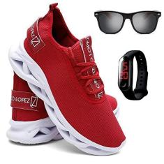 Imagem de Kit Tênis Masculino de Corrida e Caminhada + Óculos de Sol Madeirado e Relógio - Vermelho/38