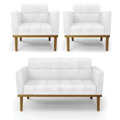 Imagem de Sofá Namoradeira E 2 Poltronas Base Madeira Castanho Elisa Corano D03 - D`rossi Cor Branco