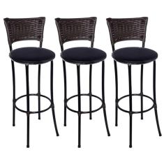 Imagem de Kit 3 Banquetas Alta Romana Preta com Encosto Junco Preto Assento Preto