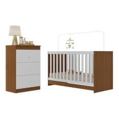 Imagem de Berço 3 em 1 com Cômoda 3 Gavetas e Colchão Incluso Doce de Leite Multimóveis Mp4240 Madeirado/branco