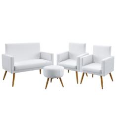 Imagem de Kit Poltrona Namoradeira e 2 Poltronas Decorativas Nina Com Rodapé Puff Solar Couro Artificial  Aradecor