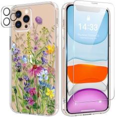 Imagem de bicol Capa para iPhone 11 Pro com protetor de tela e protetor de lente de câmera - Design floral de flores elegantes para mulheres e meninas - Capa de telefone transparente de acrílico à prova de