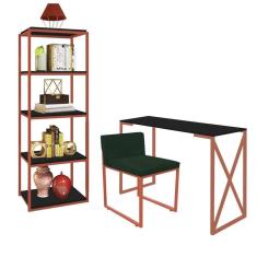 Imagem de Kit Escritório Bex 1 Cadeira Suede Verde com 1 Mesa e 1 Livreiro Ferro Bronze MDF Preto - Ahazzo Móveis