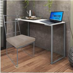 Imagem de Kit Escritório Stark Cadeira e Mesa Industrial Ferro Prata Tampo MDF Branco Corino Bege - Ahz Móveis