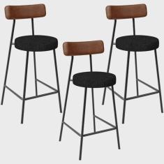 Imagem de Kit 03 Banquetas Baixa Cozinha Sala De Jantar Milão L02 Couríssimo Marrom Linho Chumbo - Lyam Decor