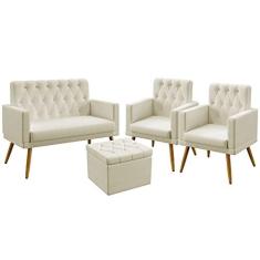Imagem de Kit Poltrona Namoradeira e 2 Poltronas Decorativas Nina Rodapé e Puff Quasar com Botões Suede Bege Aradecor