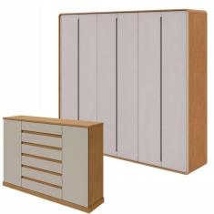 Imagem de Conjunto de Guarda-Roupa Casal Loop 6 Portas e Cômoda 2 Portas 7 Gavetas 3 Prateleiras Vedra  Amêndoa Clean/Off White