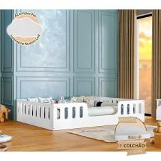 Imagem de Cama Casal Com Colchão Design Montessoriana Helo Branca + Luminária - Cor: Branco