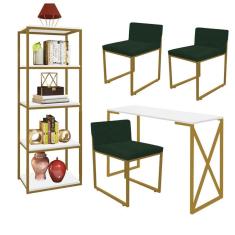Imagem de Kit Escritório Bex 3 Cadeiras Suede Verde com 1 Mesa e 1 Livreiro Ferro Dourado MDF Branco - Ahazzo Móveis