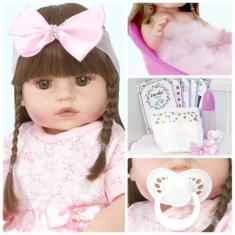 Imagem de Boneca Reborn Realista Laura Cabelo Castanho Com 13 Itens - Cegonha Re
