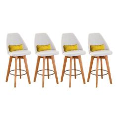 Imagem de Kit 04 Banquetas Alta Maya Giratória Com Encosto Linho Bege Claro e Almofada Sintético Amarelo - Aurora Line