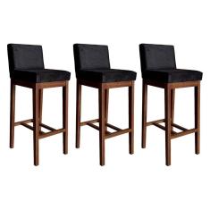 Imagem de Kit 3 Banquetas Estofadas Alta Lisboa 100 Cm Madeira Maciça Suede Preto CCS