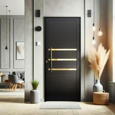 Imagem de Porta de Aluminio Lambril 210x100cm Frisada com Puxador Super Brimak Preto Dourado
