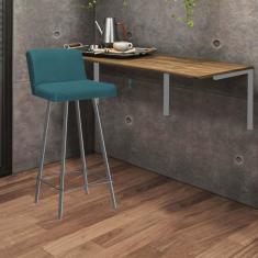 Imagem de Kit Mesa Suspensa de Parede Fixa MDF Rústico + 1 Banqueta Lexi Ferro Cinza Suede Azul Turquesa - Ahazzo Móveis