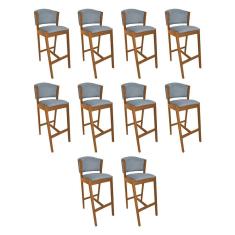 Imagem de Kit 10 Banquetas Alta de Madeira Maciça Cerejeira Premium Ana com Encosto Linho Cinza