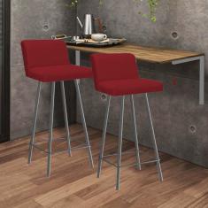 Imagem de Kit Mesa Suspensa de Parede Fixa MDF Caramelo + 2 Banquetas Lexi Ferro Cinza Corino Vermelho - Ahazzo Móveis