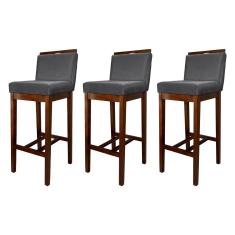Imagem de Kit 3 Banquetas Alta com Encosto Líbia Madeira Capuccino Suede Cinza CCS