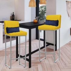Imagem de Kit 02 Banqueta Alta com Encosto Lucca Industrial Cozinha Balcão Ferro Cinza Corino Amarelo e Almofada Azul Marinho - Ahazzo Móveis