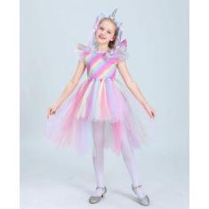 Imagem de Fantasia Infantil Unicórnio Vestido Luxo Tiara Asas Colorido - D' Pres