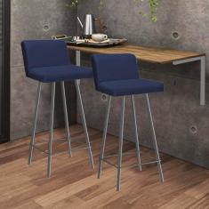 Imagem de Kit Mesa Suspensa de Parede Fixa MDF Castanho + 2 Banquetas Lexi Ferro Prata Suede Azul Marinho - Ahazzo Móveis