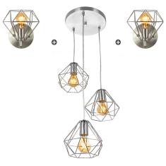 Imagem de Kit 1 Pendente Triplo + 2 Arandelas Diamante Aramado Cromado