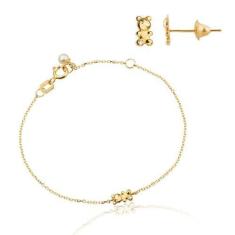 Imagem de Conjunto Infantil De Ouro 18K Brinco E Pulseira Ursinho Diamante - Aga