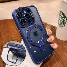 Imagem de ZXDK Suporte duplo, suporte magnético invisível e suporte de lente para iPhone 15 14 13 Pro Max, compatível com Magsafe, capas transparentes à prova de choque militares (azul escuro, para iPhone 15