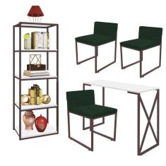 Imagem de Kit Escritório Bex 3 Cadeiras Suede Verde com 1 Mesa e 1 Livreiro Ferro Marrom MDF Branco - Ahazzo Móveis