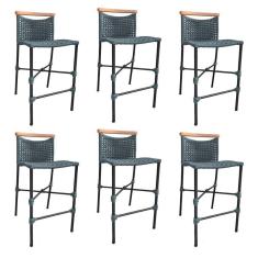 Imagem de Kit 6 Banquetas Em Corda Náutica Base Em Alumínio Preta Com Detalhe Em Madeira Cinza Cinza