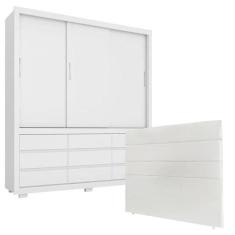Imagem de Quarto de Casal Guarda Roupa Detroit Branco Brilho e Cabeceira Bia 160 cm Branco – Demobile