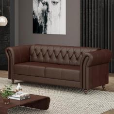 Imagem de Sofá Living Stanford Chesterfield 2 Lugares 180cm Pés De Madeira Couro Marrom Brilho G58 Gran Belo