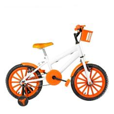 Imagem de Bicicleta Infantil Masculina Aro 16 Nylon Branca e Laranja