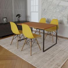 Imagem de Mesa Industrial Base de Ferro Preto Tampo 137x90 Canela 4 Cadeiras Eames Madeira Assento Amarelo