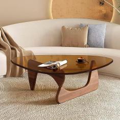 Imagem de Mesa de centro triangular, mesa de centro moderna (moldura de madeira + tampo de vidro triangular) para sala de estar, pátio, escritório, lounge, escritório, nogueira + transparente, nogueir