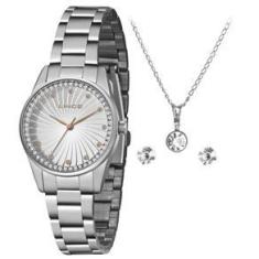 Imagem de Kit Relógio Lince Analógico Prata + Colar E Brinco