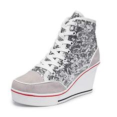 Imagem de Tênis feminino casual de lona, plataforma, sem cadarço, cano alto, sola de borracha, plataforma, cano alto, tênis moderno, 03 branco, 38
