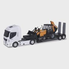 Imagem de Brinquedo Caminhão Iveco Hi Way Plataforma Retroescavadeira Case Construction Branco