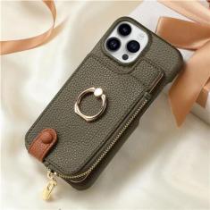 Imagem de Carteira de couro com zíper com porta-cartões capa de telefone para iPhone 13 12 Mini 15 14 11 Pro Max XS XR X 7 8 Plus Capa com suporte de anel, verde militar, para iPhone 15