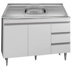 Imagem de Balcão Armário De Cozinha Com Pia Inox 120cm 2 Portas 3 Gavetas Branco Móveis Leartam