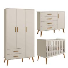 Imagem de Quarto Isis Berço Americano 2 em 1 + Comoda Sapateira + Guarda Roupa Isis Retrô 3 Portas 2 Gavetas Areia Fosco - Reller