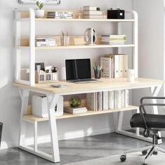 Imagem de Mesa de computador com gaiola e estante, mesa de estudo de escrita com economia de espaço com prateleiras de armazenamento abertas, mesa de trabalho moderna simples de madeira com moldura de metal