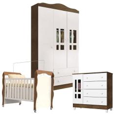 Imagem de Quarto de Bebê Ariel 3 Portas com Berço New Nanda Branco Acetinado Amadeirado - Carolina