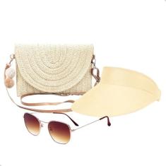 Imagem de Kit Bolsa de Palha + Viseira Solar Feminina + Óculos de Sol para Praia Moda Verão (Areia+Marrom)