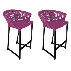 Imagem de Kit 2 Banquetas Reis Em Corda Náutica E Base Em Alumínio Preta Para área Gourmet Externa Rosa Rosa