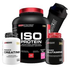 Imagem de KIT Iso Protein 2Kg + Power Creatina 100g + Power Glutamina 100g + Coqueteleira - Bodybuilders Sabor Morango