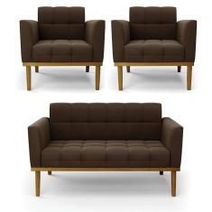 Imagem de Namoradeira Com 2 Poltronas Base De Madeira Castanho Elisa Suede D03 - D\`rossi Cor Marrom